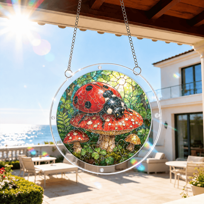 Ladybug Acrylic Puzzle Suncatcher, Stained Glass Window Decor, Gift for Nature Lovers
