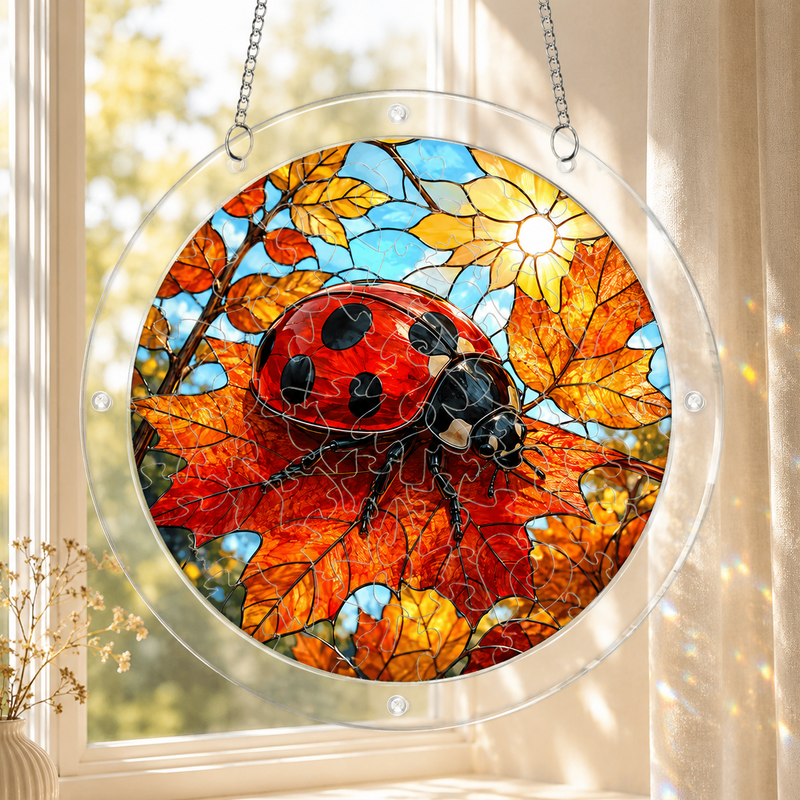 Ladybug Acrylic Puzzle Suncatcher, Fall Window Hanging Decor, Gift for Nature Lovers
