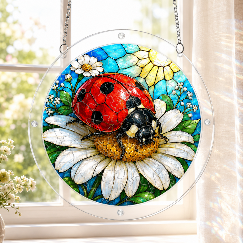 Ladybug Daisy Acrylic Puzzle Suncatcher, Window Hanging Decor, Gift for Nature Lovers