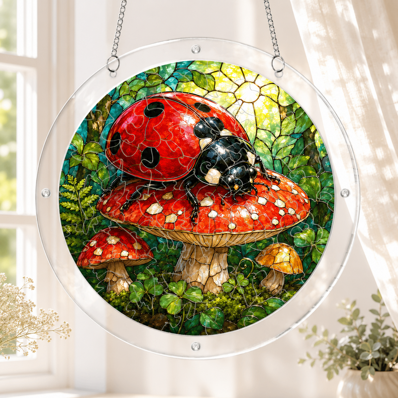 Ladybug Acrylic Puzzle Suncatcher, Stained Glass Window Decor, Gift for Nature Lovers