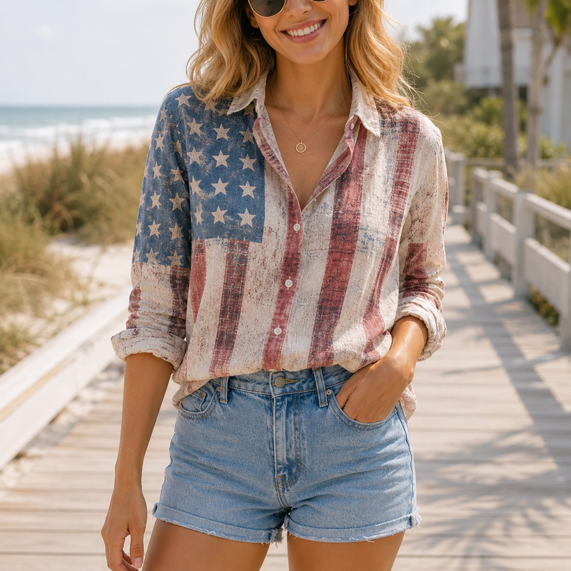 Distressed American Flag Women Blouse Shirt | Gift For Patriotic Women