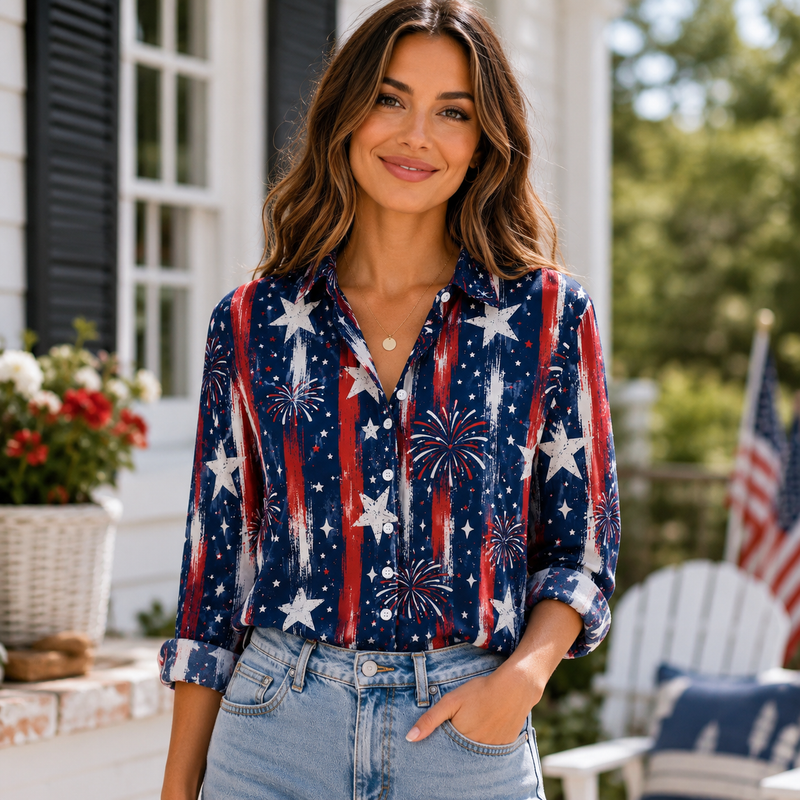 Navy Star Firework Women Blouse Shirt | Gift For Patriotic Women