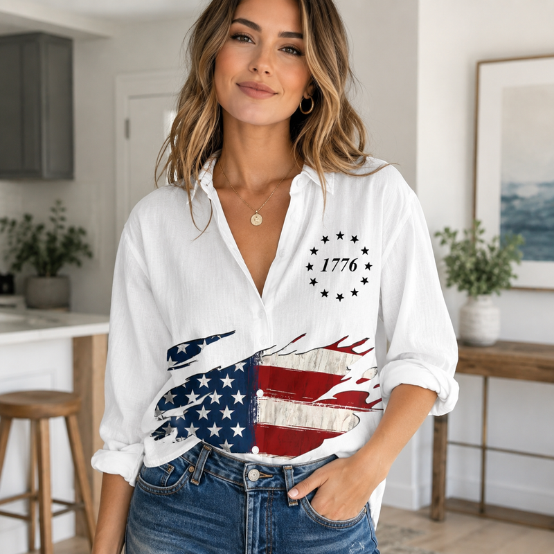 Distressed 1776 American Flag Blouse Shirt | Gift For Patriots