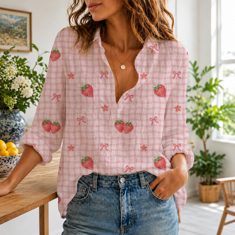 Strawberry Gingham Women Blouse Shirt | Gift For Strawberry Lovers