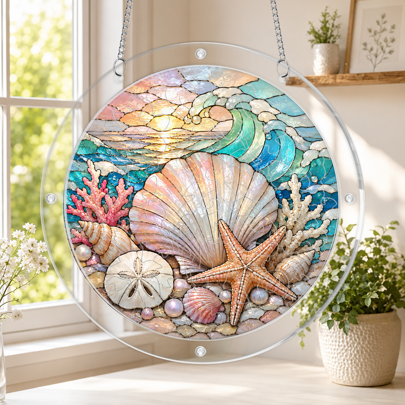 Seashell Acrylic Puzzle Suncatcher, Coastal Window Hanging Decor, Gift for Beach Lovers