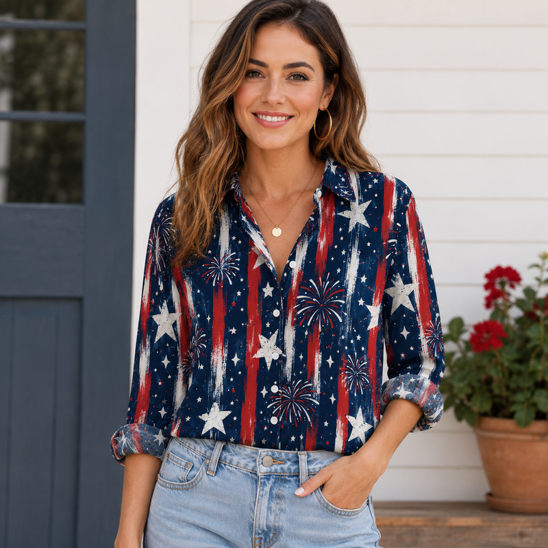 Navy Star Firework Women Blouse Shirt | Gift For Patriotic Women