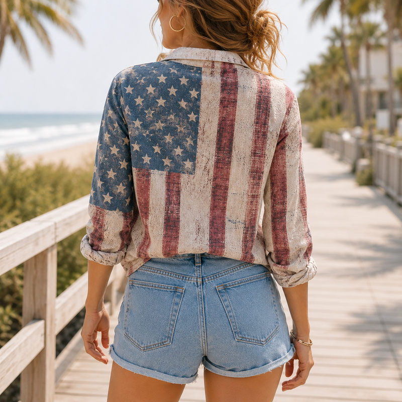 Distressed American Flag Women Blouse Shirt | Gift For Patriotic Women