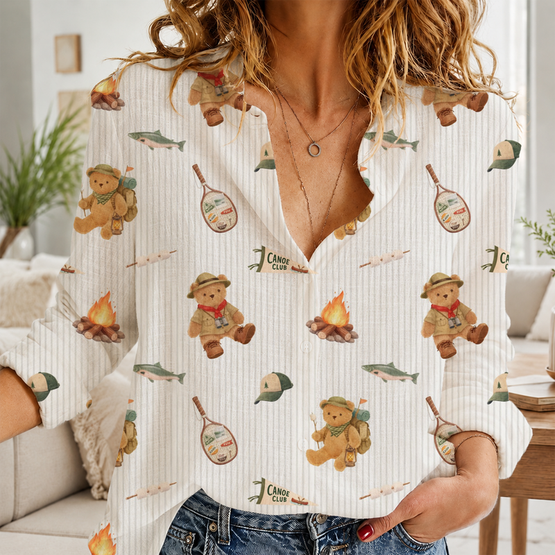 Camping Bear Women Blouse Shirt | Gift For Nature Lovers