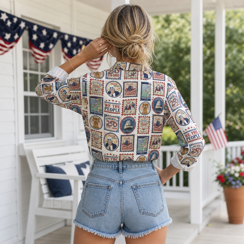 Vintage America Stamp Women Blouse Shirt | Gift For Patriotic Women