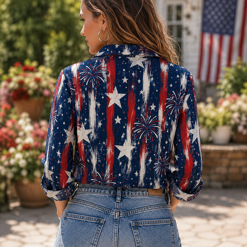 Navy Star Firework Women Blouse Shirt | Gift For Patriotic Women