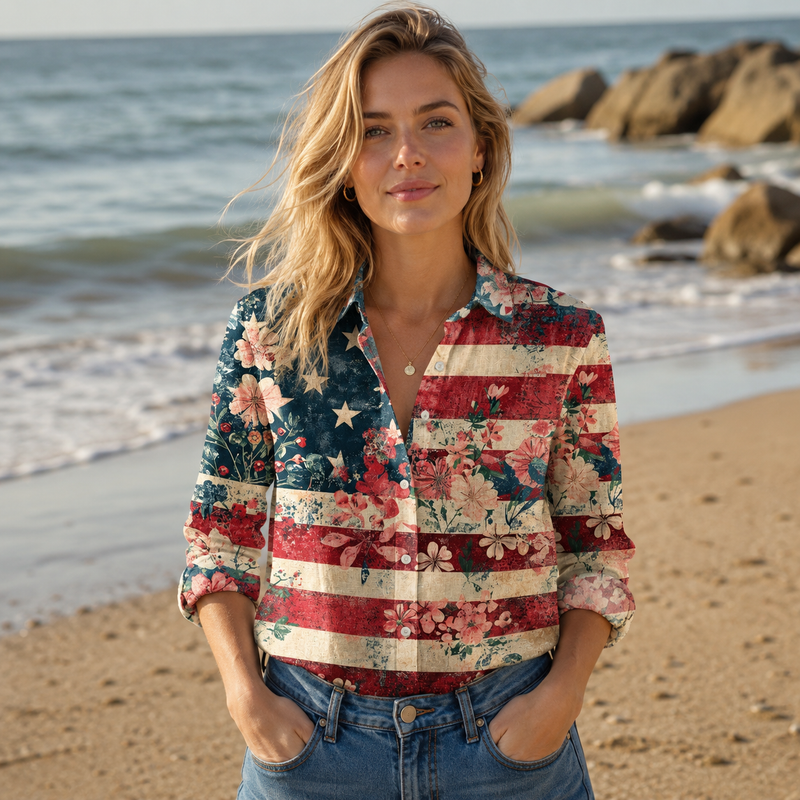 Floral American Flag Women Blouse Shirt | Gift For Patriotic Women
