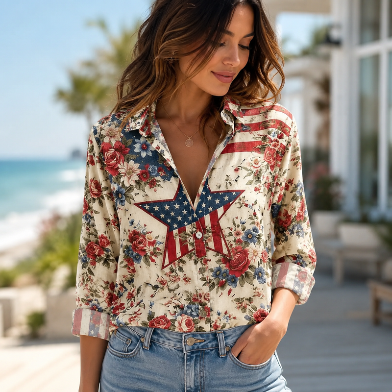 Patriotic Star Floral Women Blouse Shirt | Gift For Patriotic Women