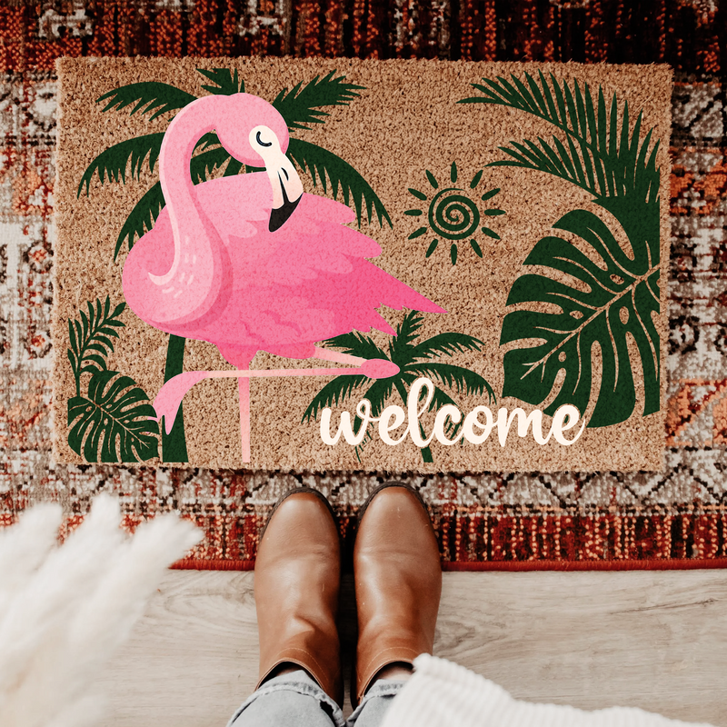 Pink Flamingo Welcome Doormat | Tropical Summer Outdoor Rug For Beach House