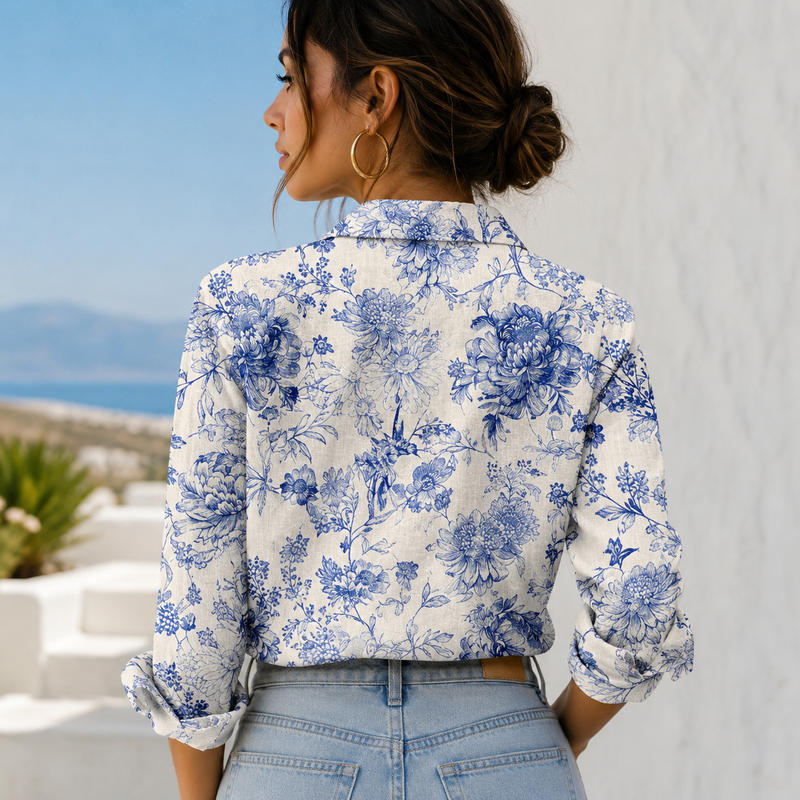 Blue Toile Floral Women Blouse Shirt | Gift For Floral Lovers