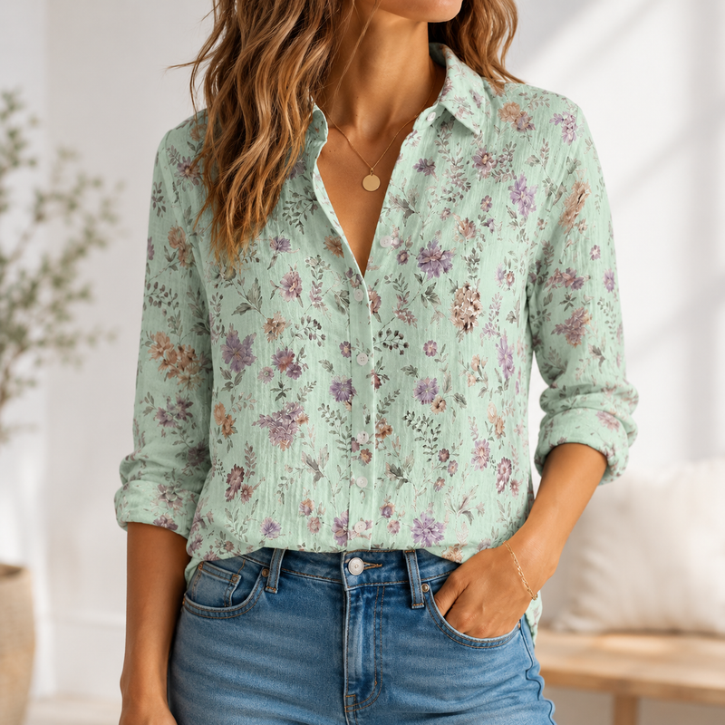 Sage Green Floral Women Blouse Shirt | Gift For Floral Lovers