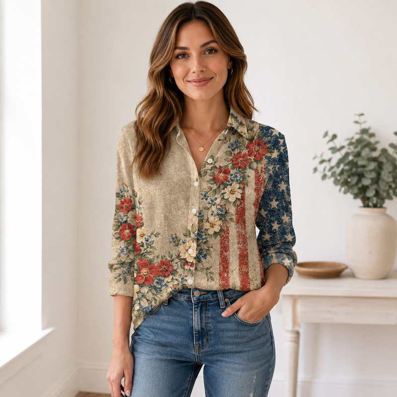 Vintage Floral American Flag Women Blouse | Gift For Patriotic Women