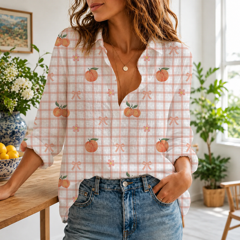 Peach Gingham Women Blouse Shirt | Gift For Fruit Lovers