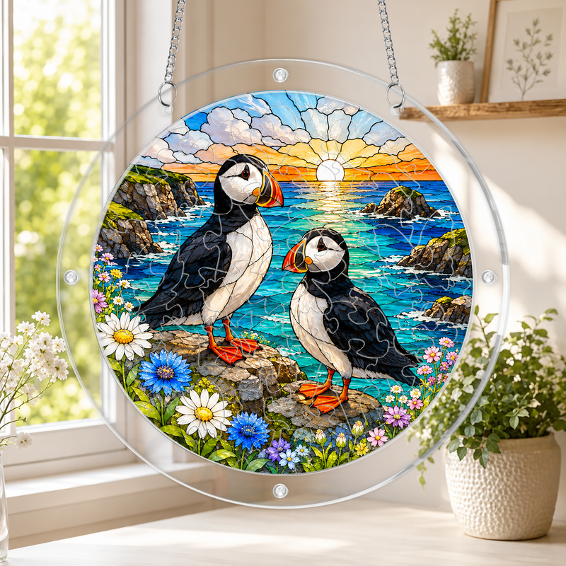 Puffin Acrylic Puzzle Suncatcher, Coastal Window Hanging Decor, Gift for Bird Lovers