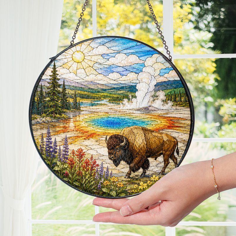 Yellowstone National Park Stained Glass Suncatcher, Window Hanging Decor, Gift for Nature Lovers