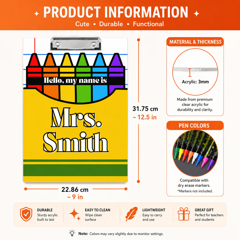 Custom Acrylic Clipboard - Personalized Back to School Teacher Gift