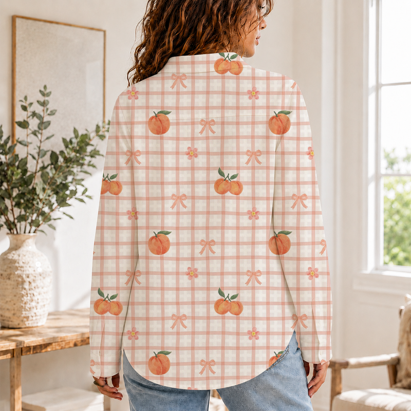 Peach Gingham Women Blouse Shirt | Gift For Fruit Lovers
