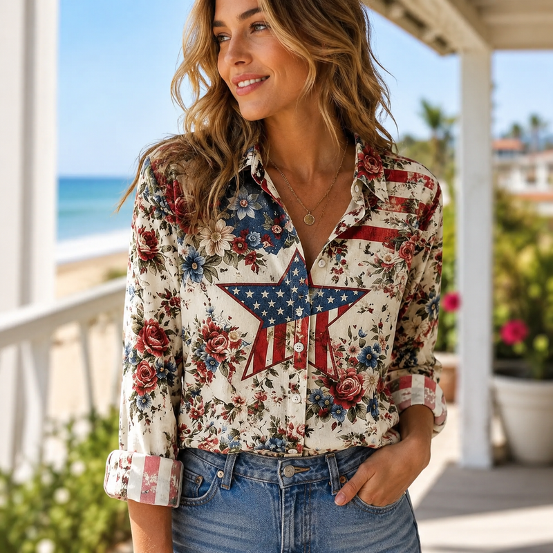 Patriotic Star Floral Women Blouse Shirt | Gift For Patriotic Women