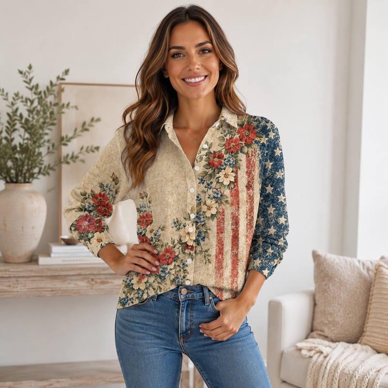 Vintage Floral American Flag Women Blouse | Gift For Patriotic Women