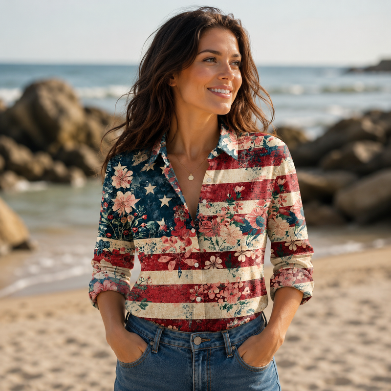 Floral American Flag Women Blouse Shirt | Gift For Patriotic Women