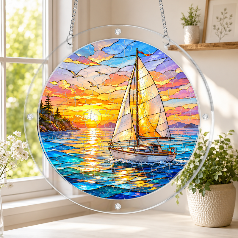 Sailboat Acrylic Puzzle Suncatcher, Coastal Window Hanging Decor, Gift for Ocean Lovers