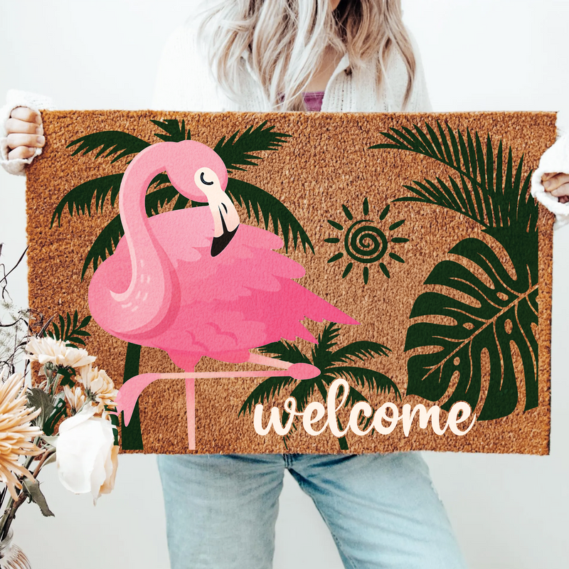 Pink Flamingo Welcome Doormat | Tropical Summer Outdoor Rug For Beach House