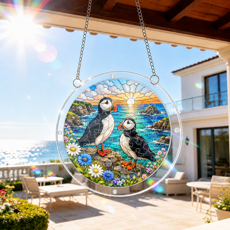 Puffin Acrylic Puzzle Suncatcher, Coastal Window Hanging Decor, Gift for Bird Lovers