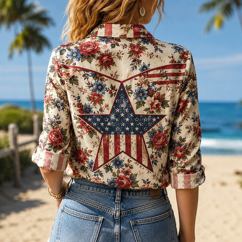 Patriotic Star Floral Women Blouse Shirt | Gift For Patriotic Women
