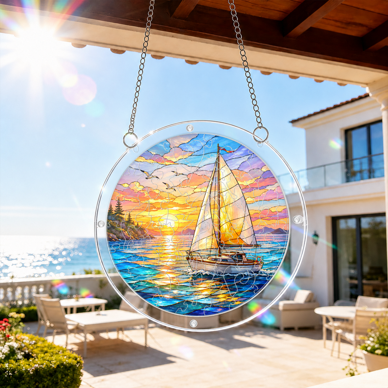 Sailboat Acrylic Puzzle Suncatcher, Coastal Window Hanging Decor, Gift for Ocean Lovers
