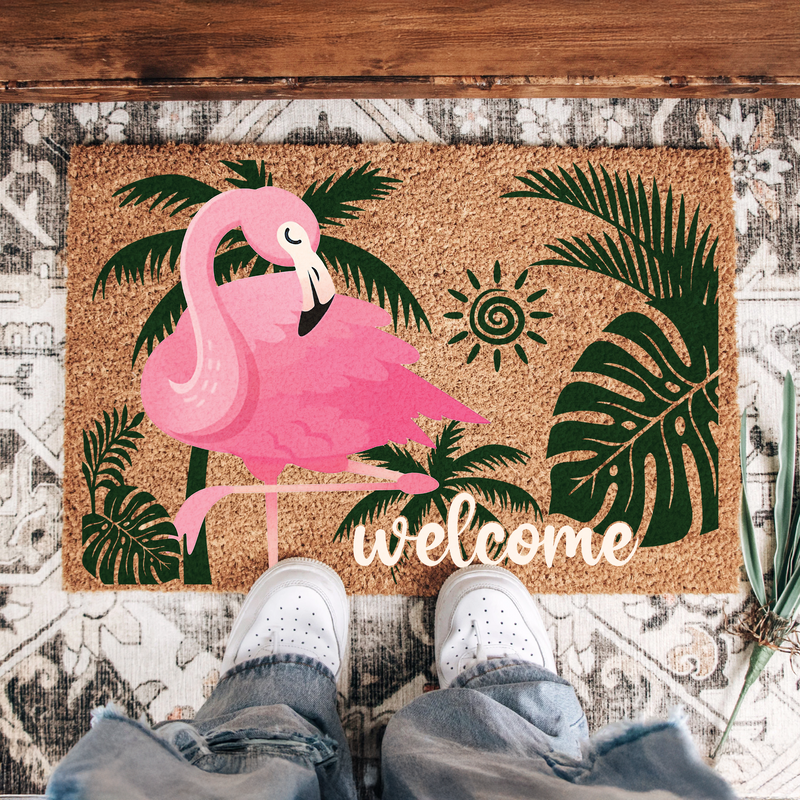 Pink Flamingo Welcome Doormat | Tropical Summer Outdoor Rug For Beach House