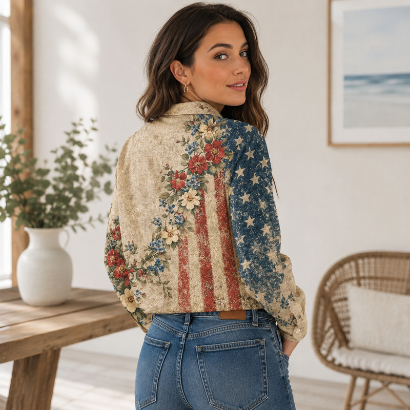 Vintage Floral American Flag Women Blouse | Gift For Patriotic Women