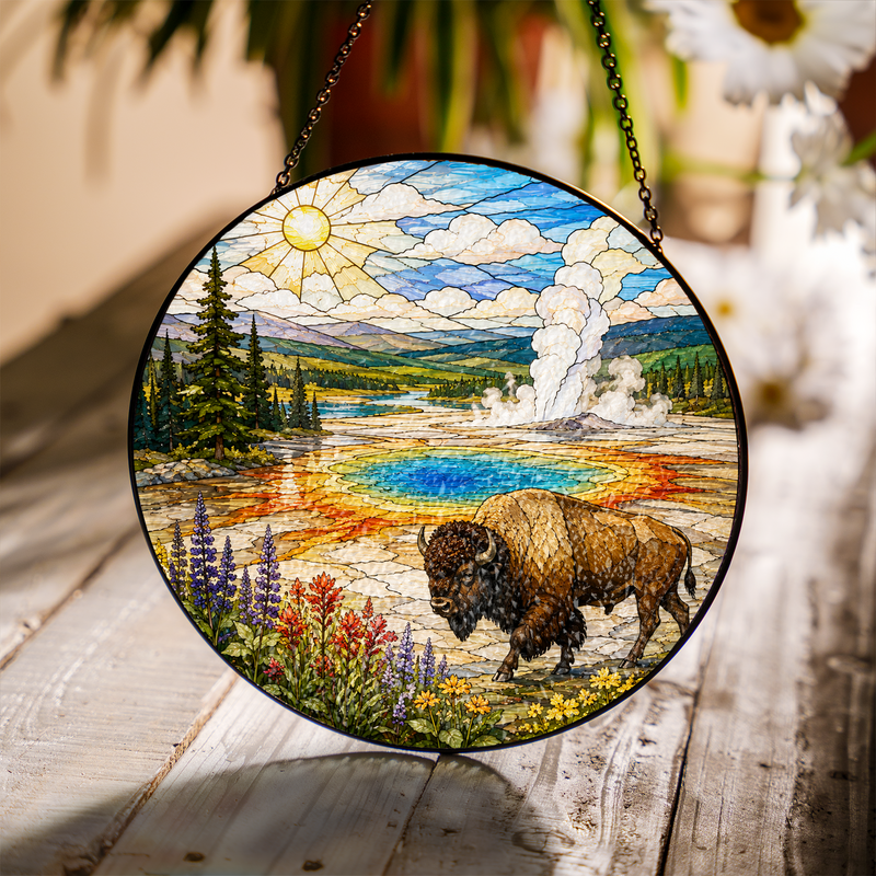 Yellowstone National Park Stained Glass Suncatcher, Window Hanging Decor, Gift for Nature Lovers