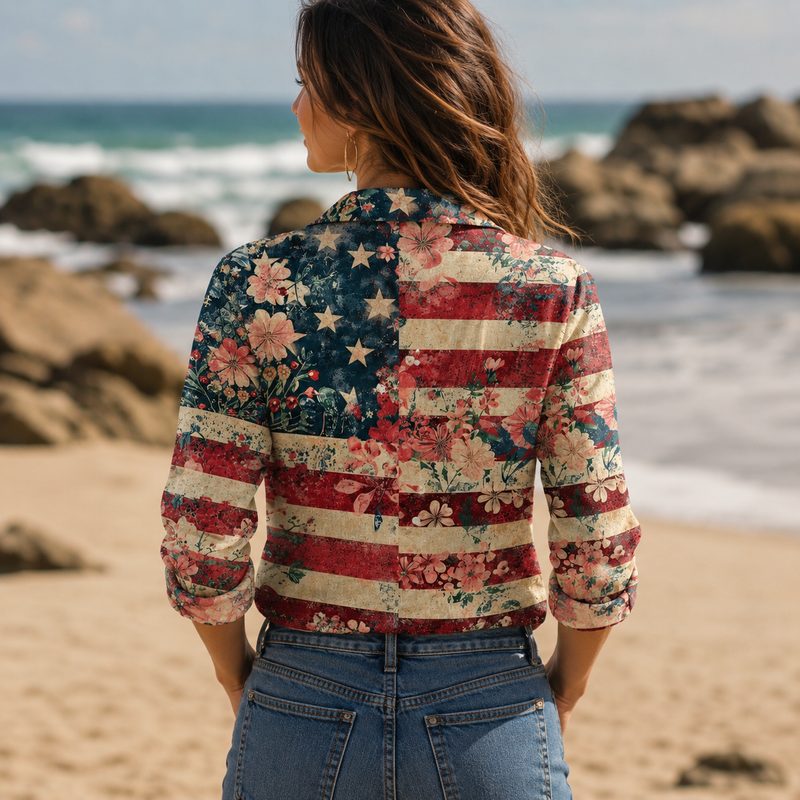 Floral American Flag Women Blouse Shirt | Gift For Patriotic Women