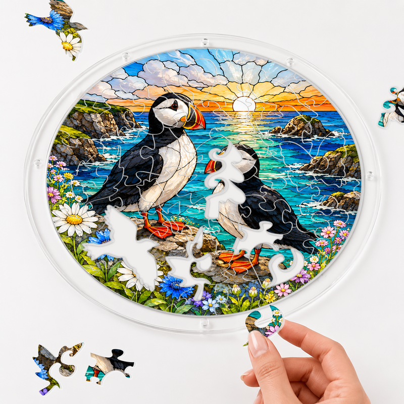 Puffin Acrylic Puzzle Suncatcher, Coastal Window Hanging Decor, Gift for Bird Lovers