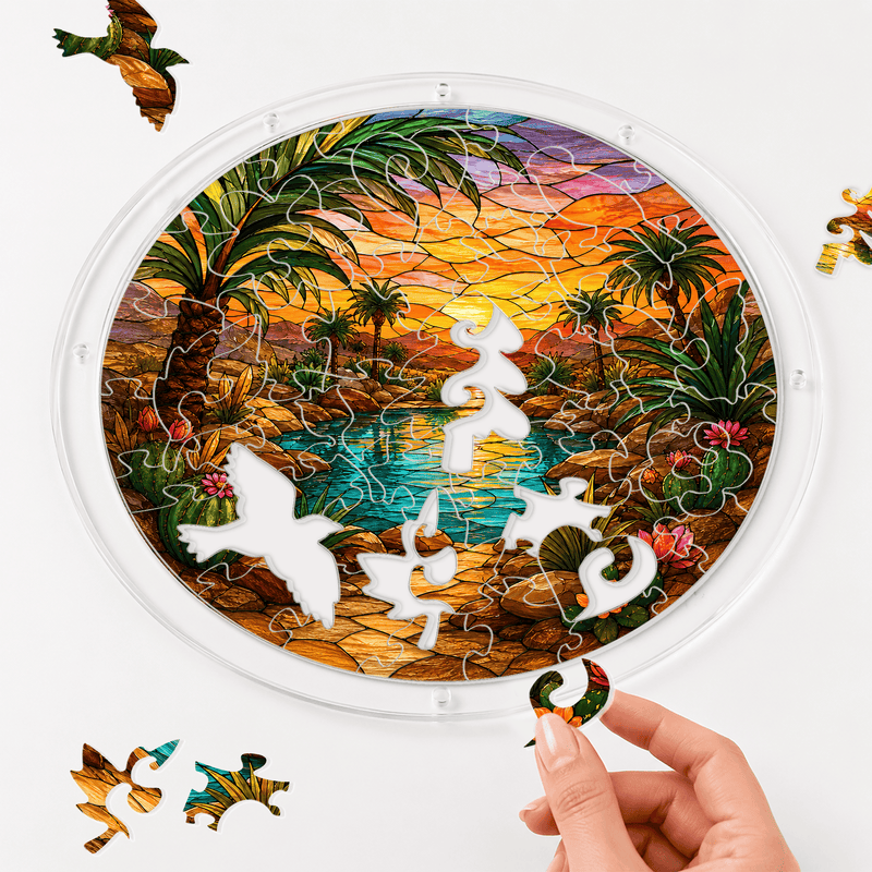 Desert Oasis Sunset Acrylic Puzzle Suncatcher, Window Hanging Decor, Gift for Nature Lovers
