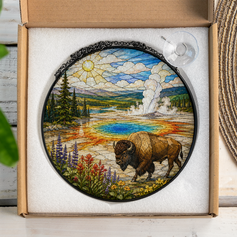 Yellowstone National Park Stained Glass Suncatcher, Window Hanging Decor, Gift for Nature Lovers