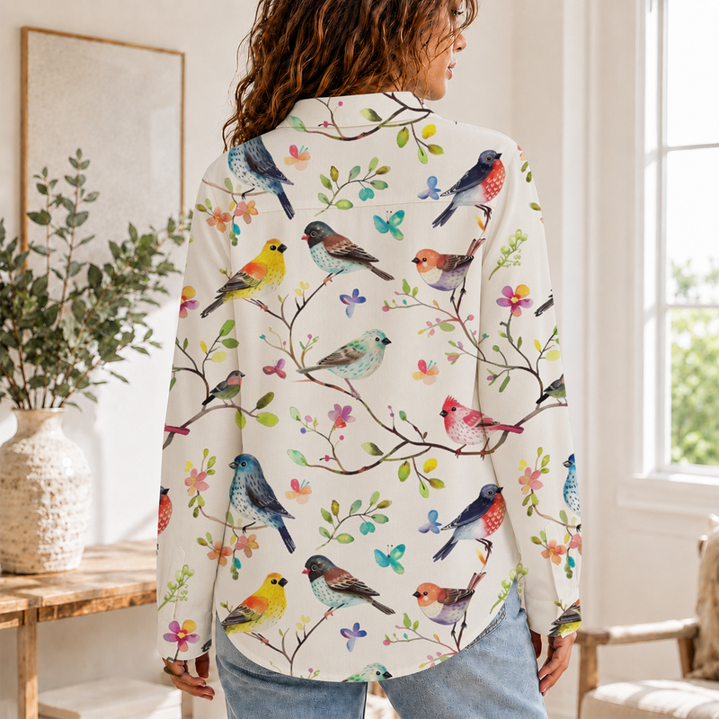 Watercolor Bird Garden Spring Blouse Shirt | Gift For Bird Lovers