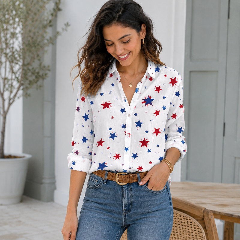 Patriotic Star Print Women Blouse Shirt | Gift For American Pride