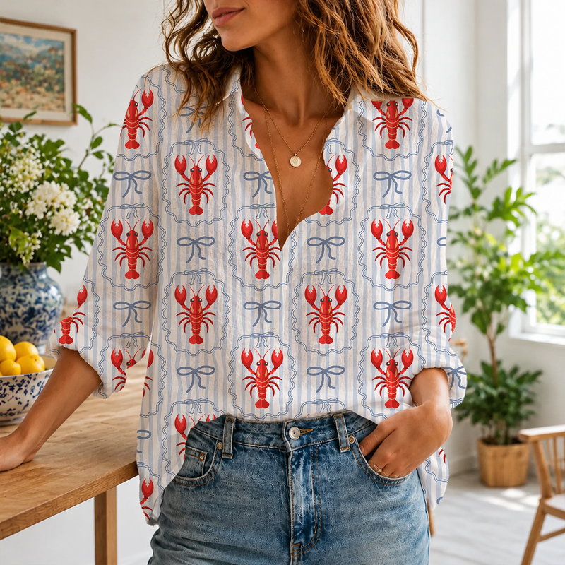 Coquette Bow Coastal Lobster Summer Blouse Shirt | Gift For Lobster Lovers