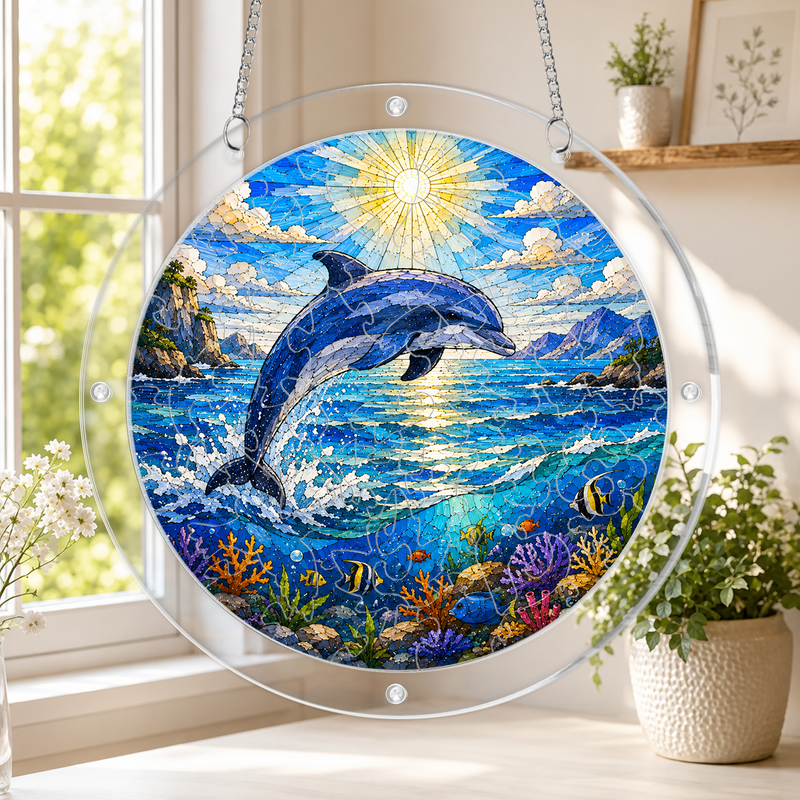 Dolphin Acrylic Puzzle Suncatcher, Ocean Window Hanging Decor, Gift for Dolphin Lovers
