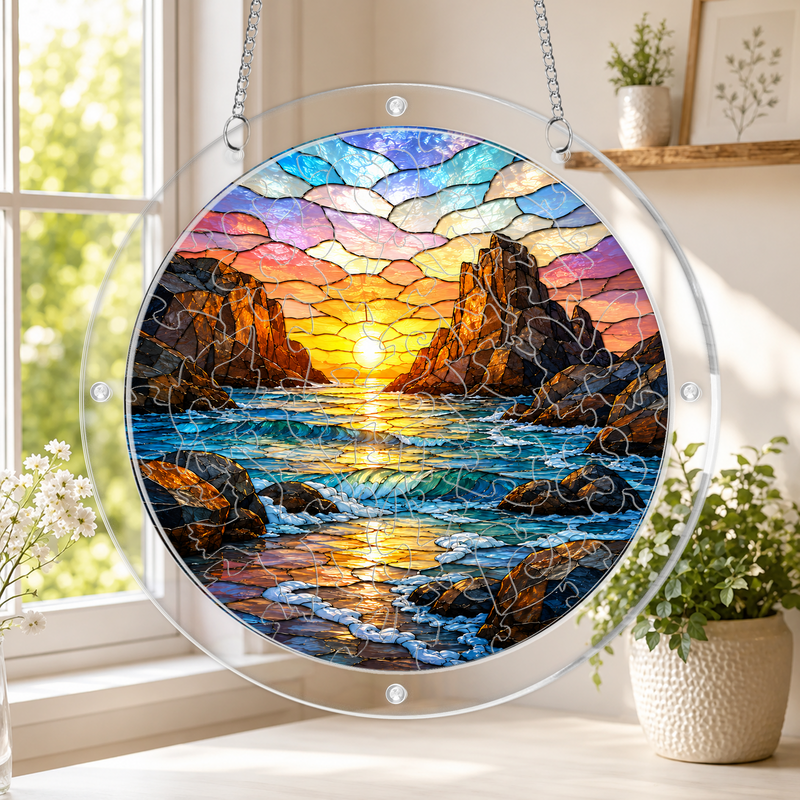 Coastal Sunset Acrylic Puzzle Suncatcher, Ocean Window Hanging Decor, Gift for Nature Lovers