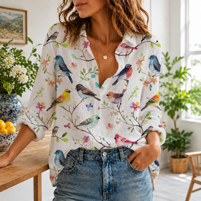 Watercolor Bird Garden Spring Blouse Shirt | Gift For Bird Lovers