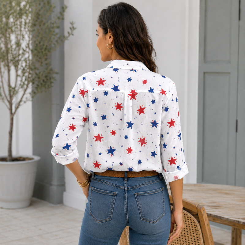 Patriotic Star Print Women Blouse Shirt | Gift For American Pride