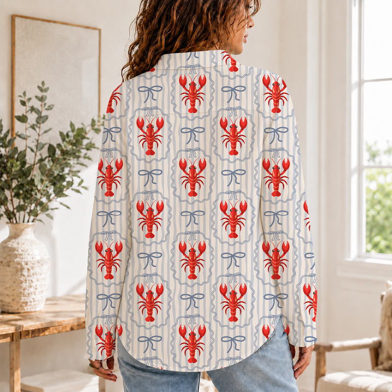 Coquette Bow Coastal Lobster Summer Blouse Shirt | Gift For Lobster Lovers