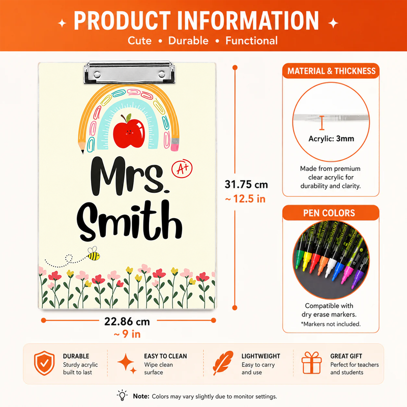 Personalized Acrylic Clipboard - Back to School Teacher Gift