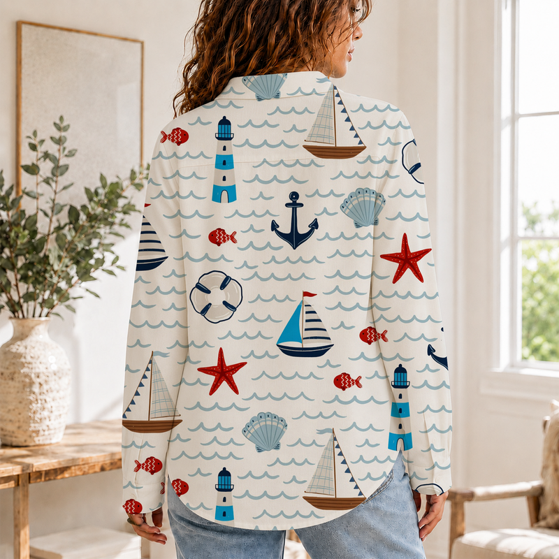 Coastal Nautical Beach Summer Blouse Shirt | Gift For Beach Lovers